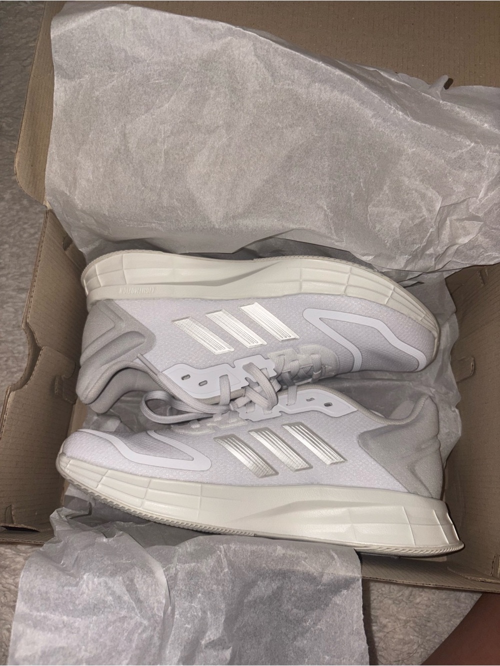 adidas White and Light Gray Running Sneakers with Three Stripes